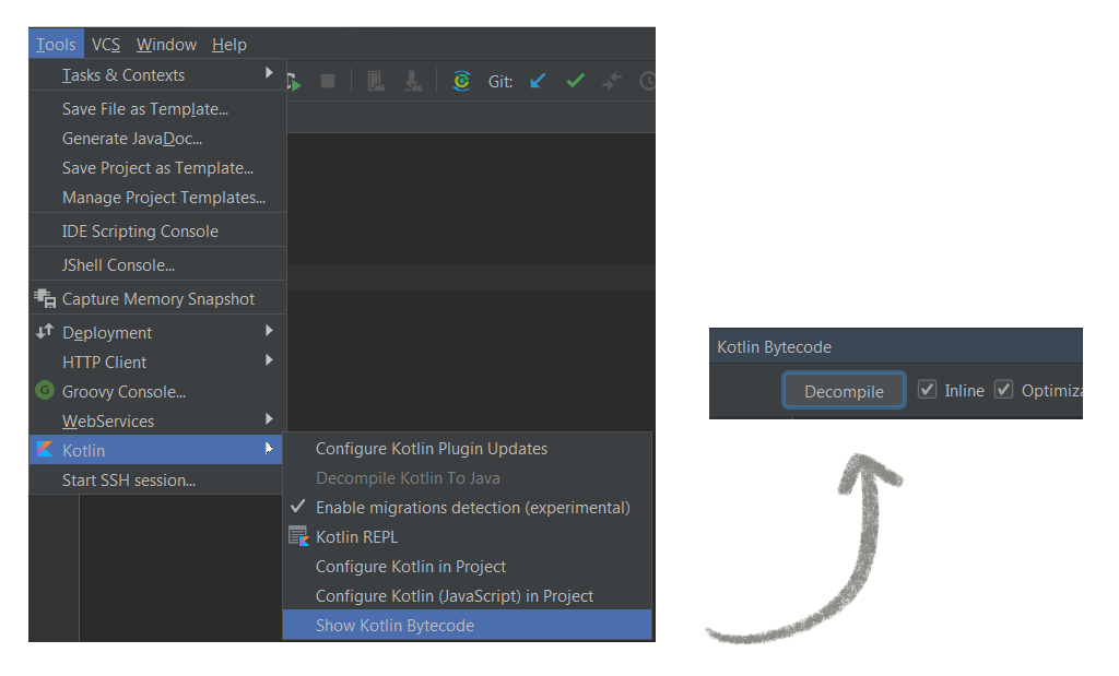 Screen shot of menu for decompiling Kotlin bytecode.