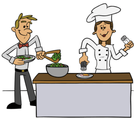 Waiter preparing salad. Chef preparing other meals.