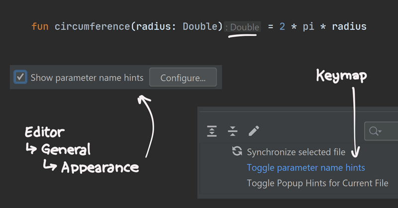 Screen shots for turning on parameter name hints.