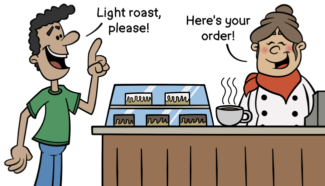 Customer ordering a light roast coffee and receiving his order.