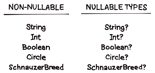非空类型：String、Int、Boolean、Circle、SchnauzerBreed；可空类型：String?、Int?、Boolean?、Circle?、SchnauzerBreed?